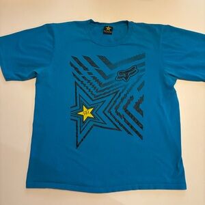 Y2K Rockstar Energy x Fox Graphic Tee - Bright Blue with Black & Yellow Print